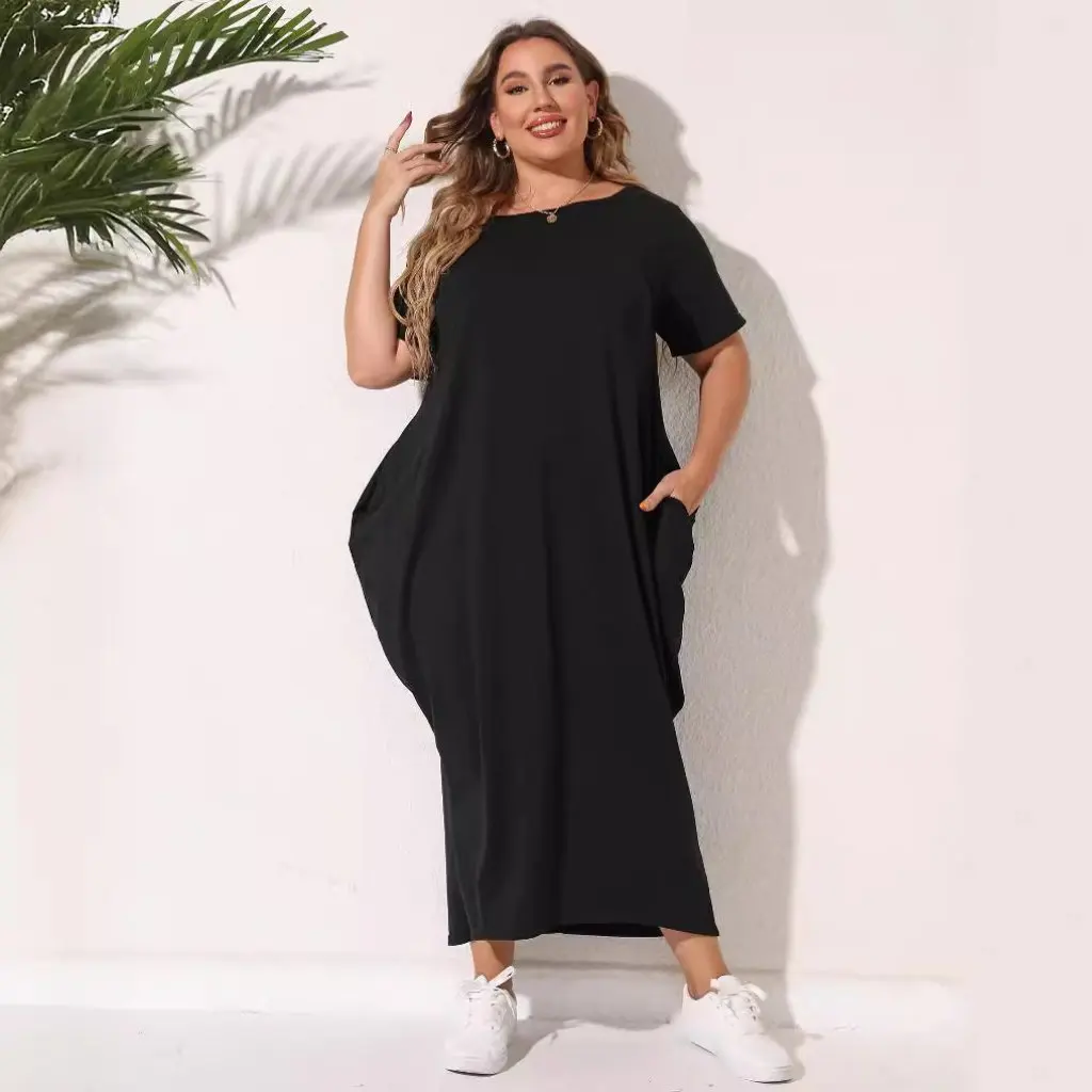 

Женское повседневное свободное платье больших размеров с двойным карманом и короткими рукавами, нестандартный дизайн, европейский и американский стиль F200732