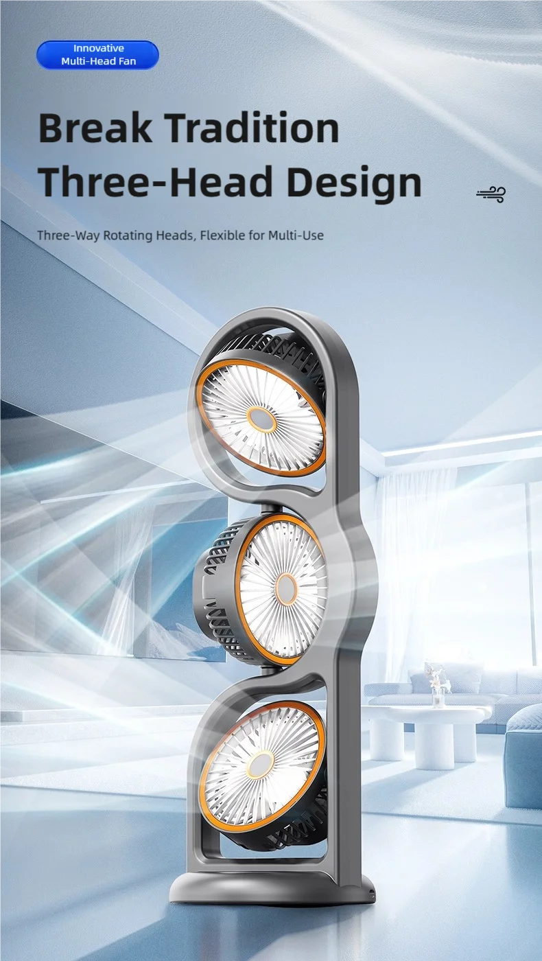 TINSOL 2026 New Portable USB Rechargeable Three-Head Fan – 360° Circulation, 5-Speed Wind, Dormitory and Outdoor Desktop Fan