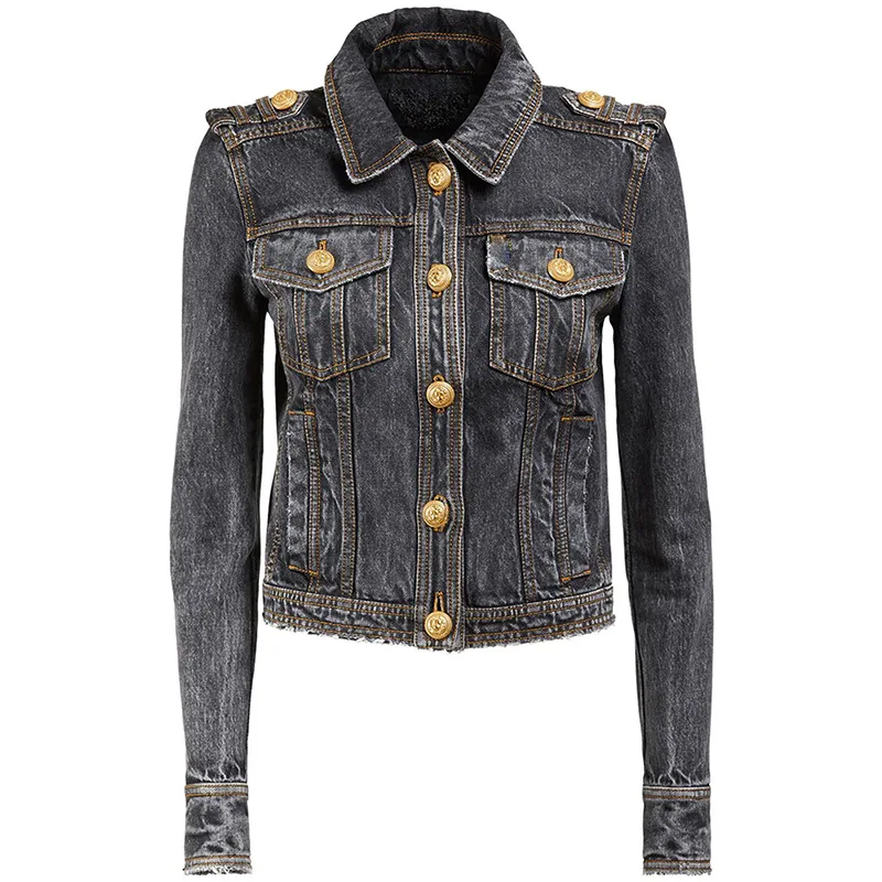 

High Quality Lion Head Gold Buttons Jean Jacket for Women Lapel Long Sleeves Tight Denim Jacket Ladies Autumn Winter Outwears