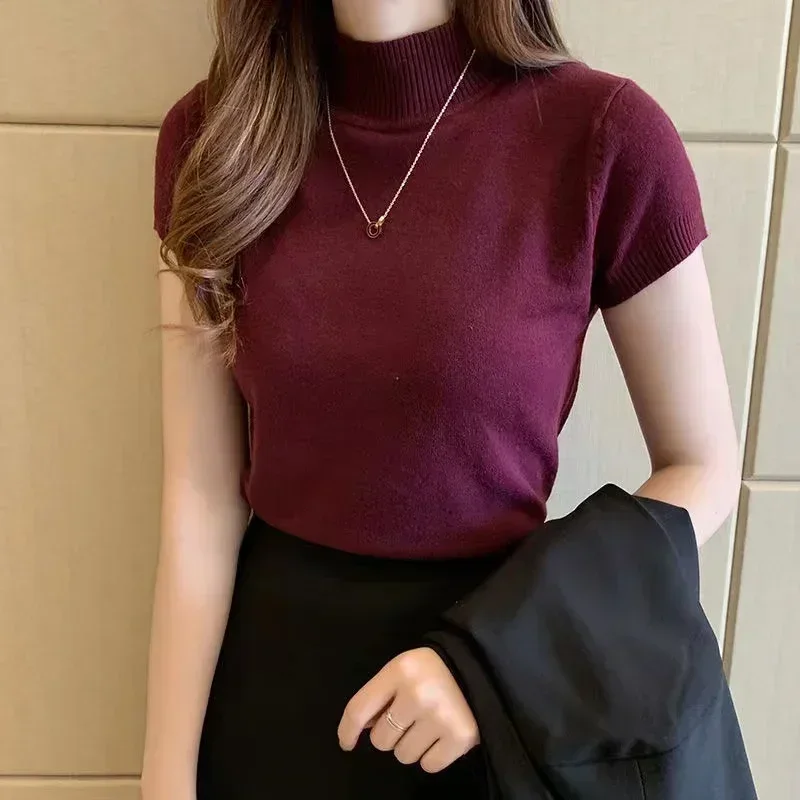 Basic Half Turtleneck Summer Short Sleeve Korean Style Sweater Knitted Pullover Women Sweaters Thin Tops Pull Femme Jumper