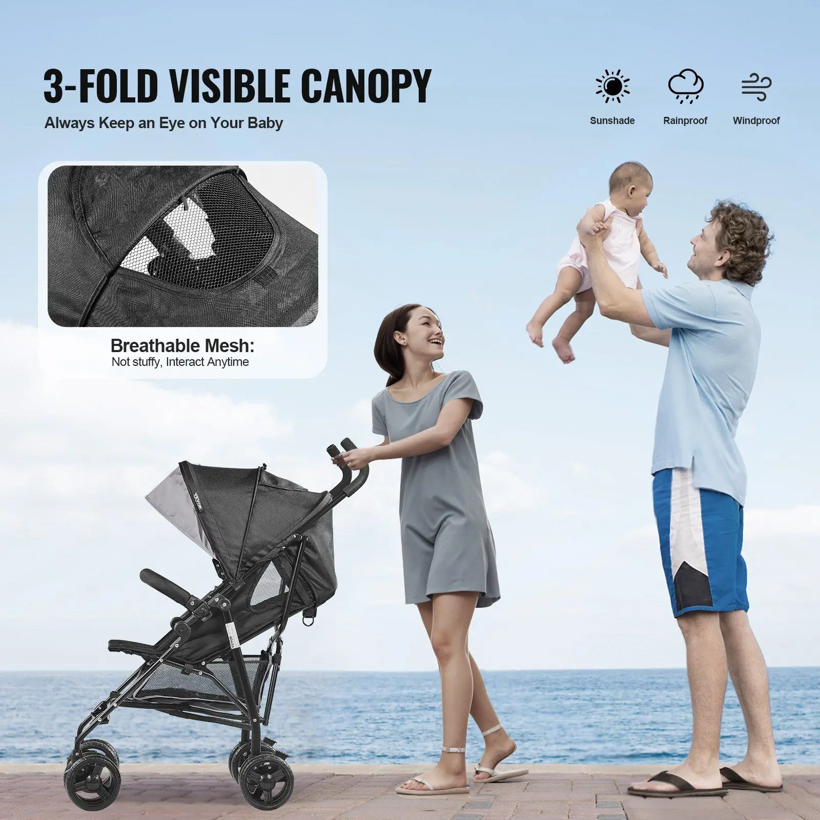 NEW Lightweight Stroller Compact Easy Fold Adjustable Backrest Light Gray/Black