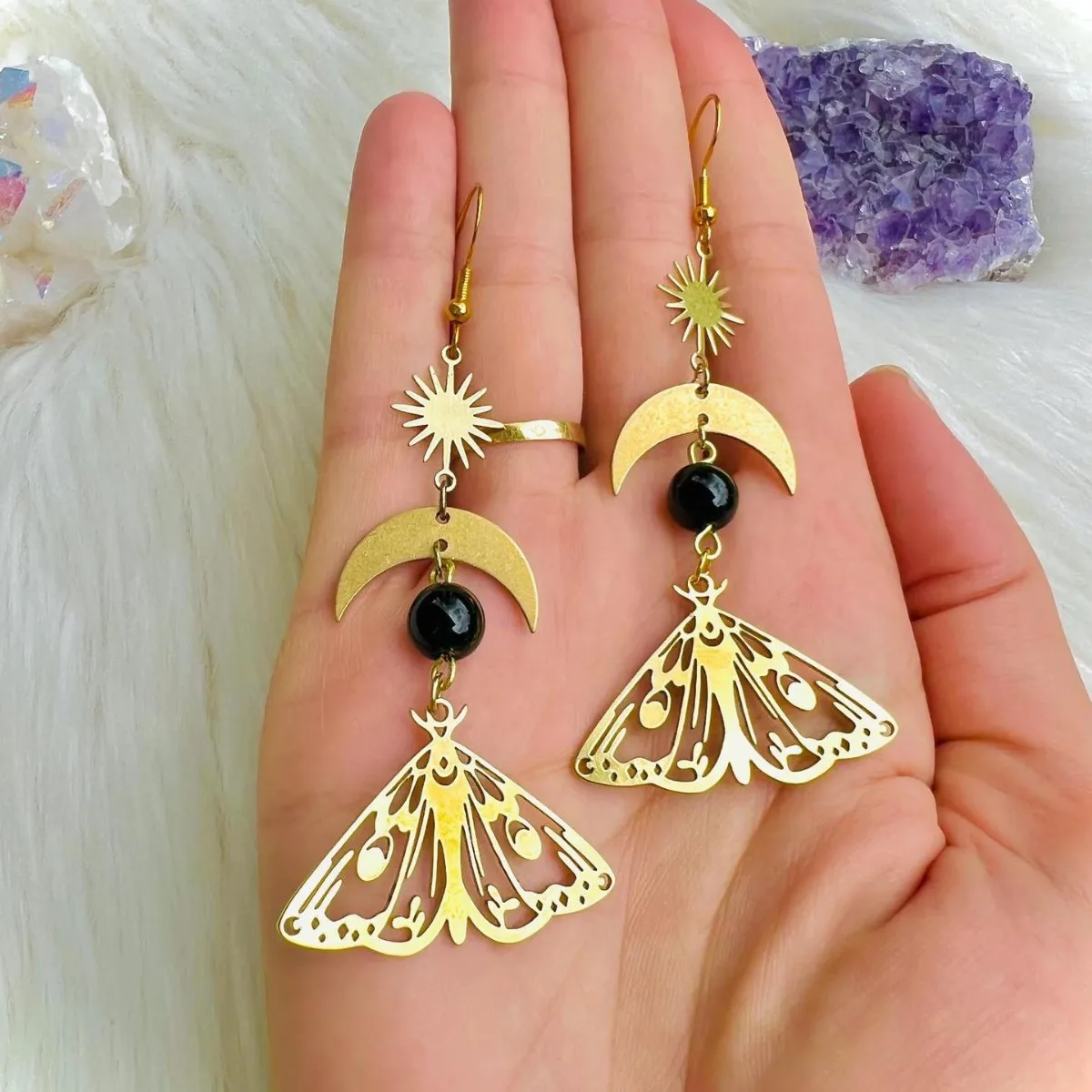 Moth earrings, Bohemian jewelry, insects, Sun, Moon, black beads, brass fittings, butterflies, Hollow Moth, ear hooks For Women