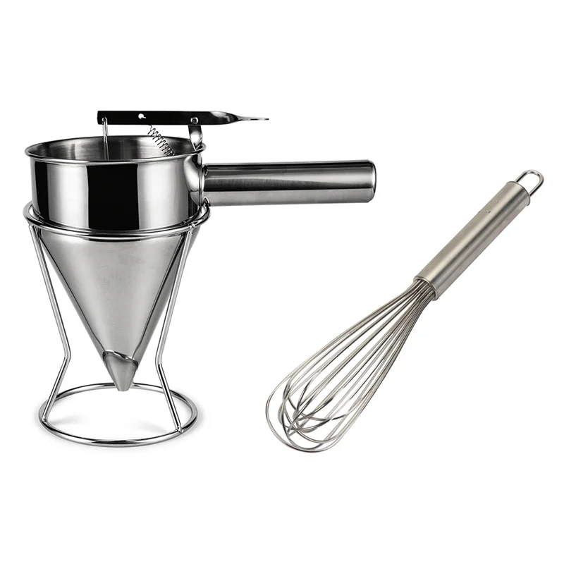 

1 воронка для выпечки из нержавеющей стали, дозатор теста для блинов + фиксированная подставка с тестомером