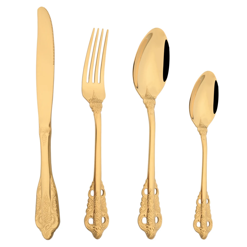 

4Pcs Gold Dinnerware Stainless Steel Silverware Western Tableware Set Vintage Knife Fork Spoon Cutlery Kitchen Home Flatware Set