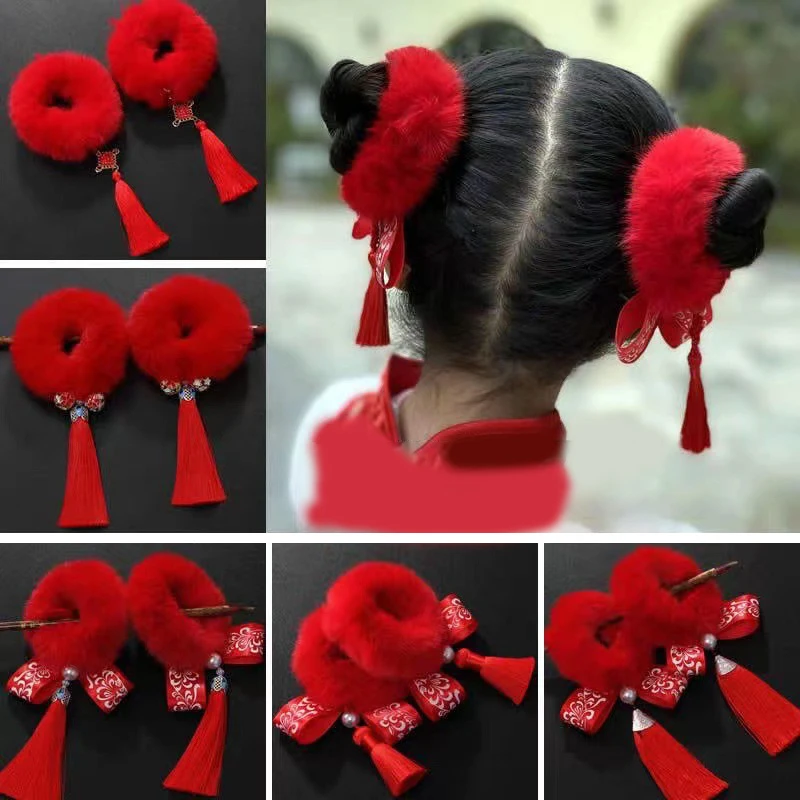 Flexible 1 Pair Chic Chinese Style Children Hair Bands Soft Hair Ties Stretchy For New Year