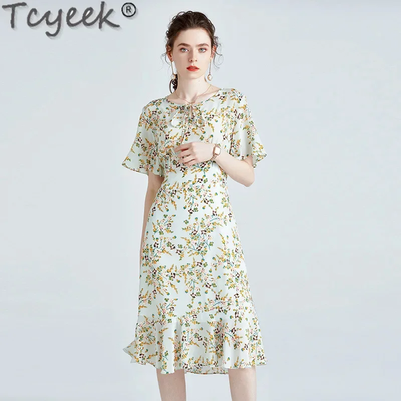 

100% Tcyeek Real High-end Midi Summer Women's Elegant es for Women 12MM Mulberry Silk Dress Print