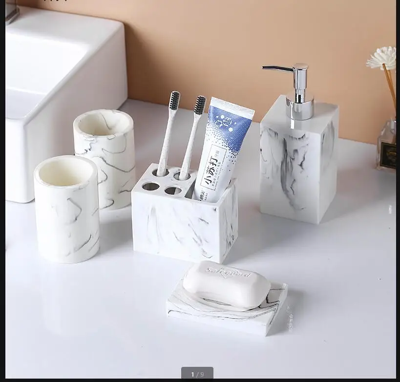 

Marble Resin Bathroom Set 5-piece Supplies Wash Kit Lotion Bottle Mouth Cup Toothbrush Holder Soap Dish