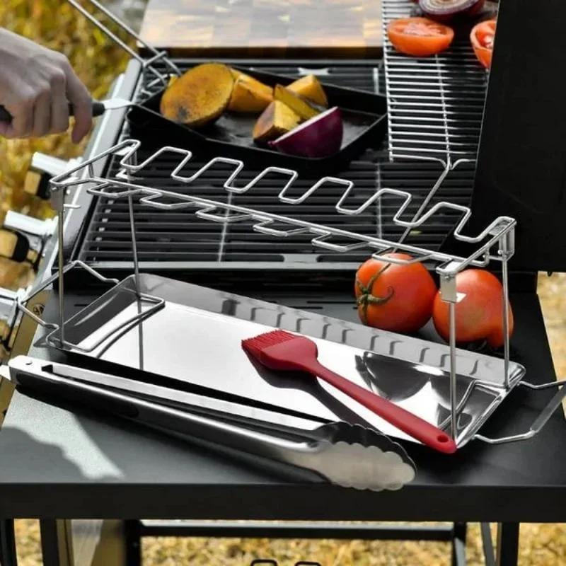 Roasted Chicken Rack Holder Bbq Beef Chicken Leg Wing Grill Rack With Drip Pan Stainless Steel Drumstick Oven Roaster Stand