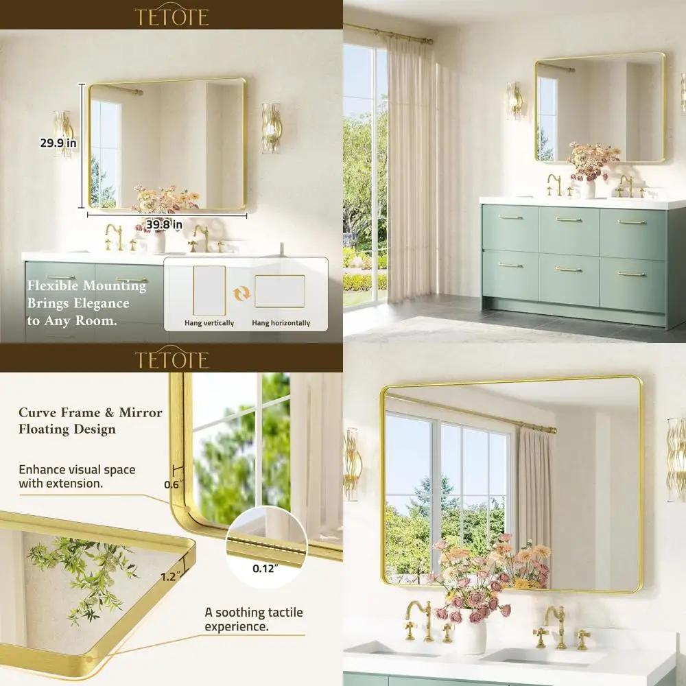 40x30 Inch Wall-Mounted Vanity Mirror with Brushed Gold Frame and Tempered Glass for Bathroom, Entryway, Bedroom, and Living Roo