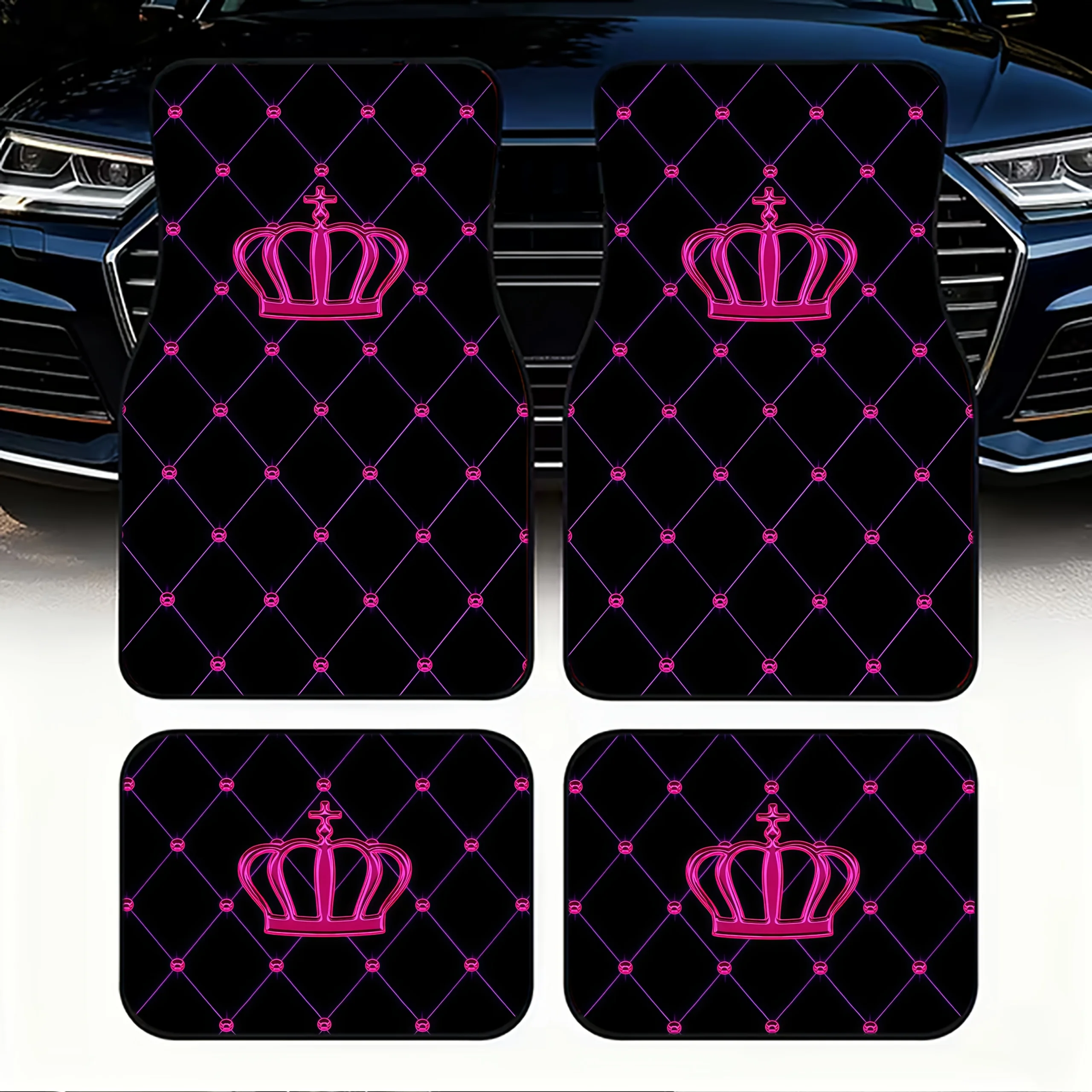 4pcs Car Floor Mats, Material, Bold Pink & Black Crown Grid Design, For Car Interiors, Stylish & Durable, Easy To Clean & Insta