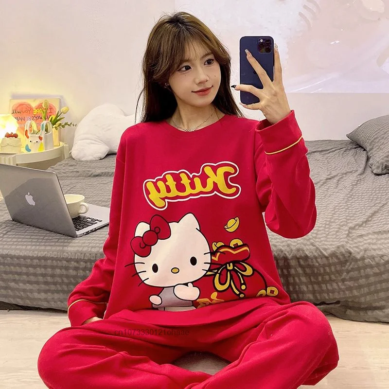 Sanrio Hello Kitty New Fashion Red Pajamas Suit Long Sleeve Cotton Top Shirts Pants 2 Piece Set For Women Y2k Cute Home Clothes