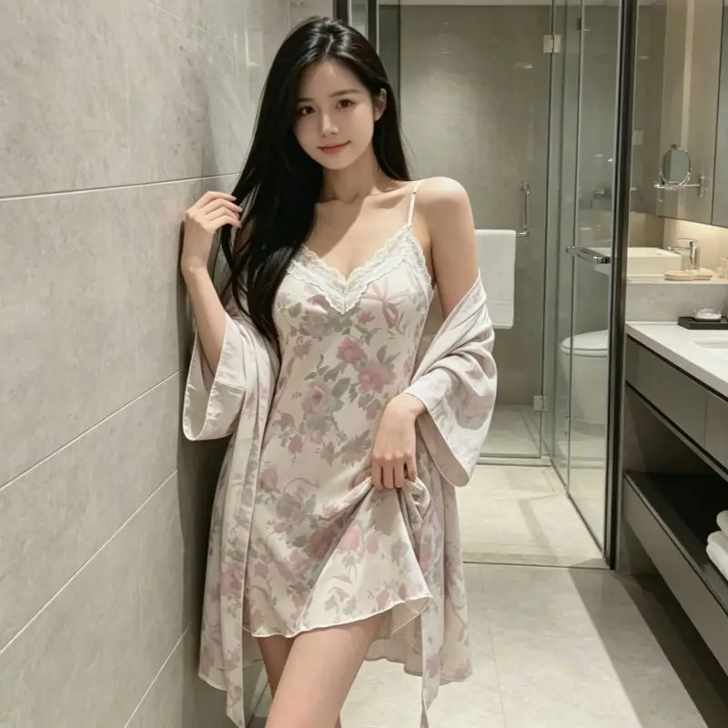2PCS Sexy Lace Lingerie Ice Silk Print Nightgowns Robes Sets For Women Korean Summer Bathrobes Sleepwear Nightdress Night Dress