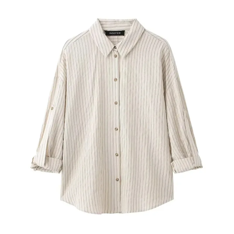 

Women's Elegant Striped Shirt Button-Up Loose Fit Straight Wide-Leg Pants Suit Spring Fashion Casual Versatile Commuting Outfit