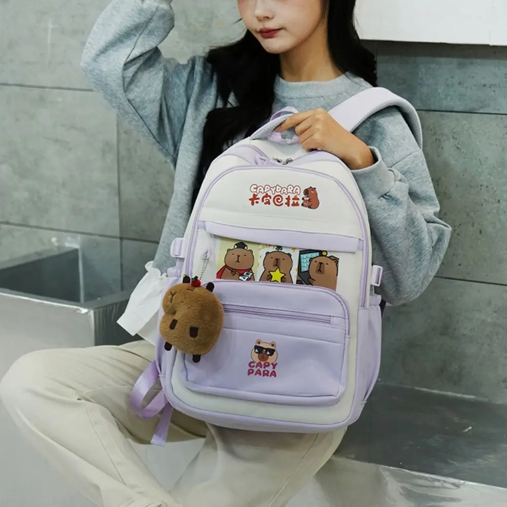 متعددة الوظائف الكرتون كابيبارا حقيبة الظهر عارضة نمط سعة كبيرة حقيبة مدرسية لطيف مع قلادة حقيبة كتف عادية السفر