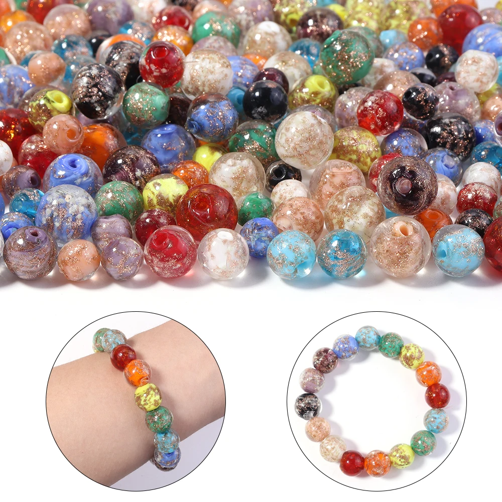 10Pcs 8/10/12mm Gold Sand Glass Beads Colorful Lampwork Beads Round Loose Spacer Beads For Jewelry Making DIY Bracelet Necklace