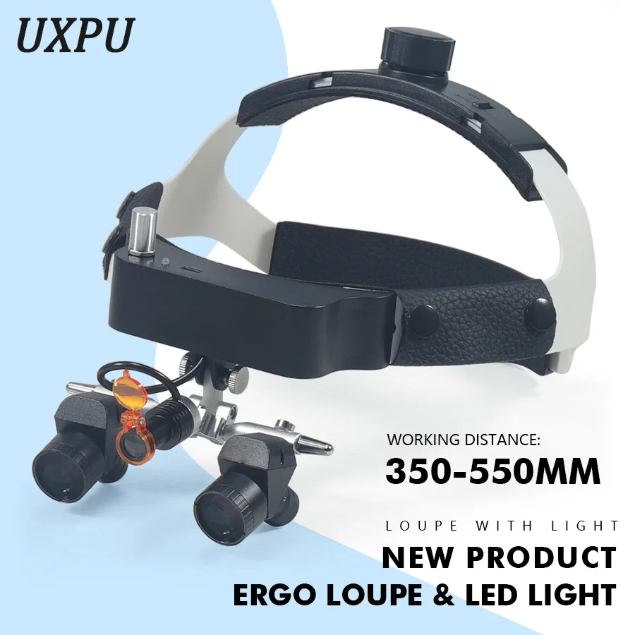 

New 5.0X Dental Head Mounted Ergo Loupe with Integrated Inspection Light Parallel Field of View Working Distance 350-550mm