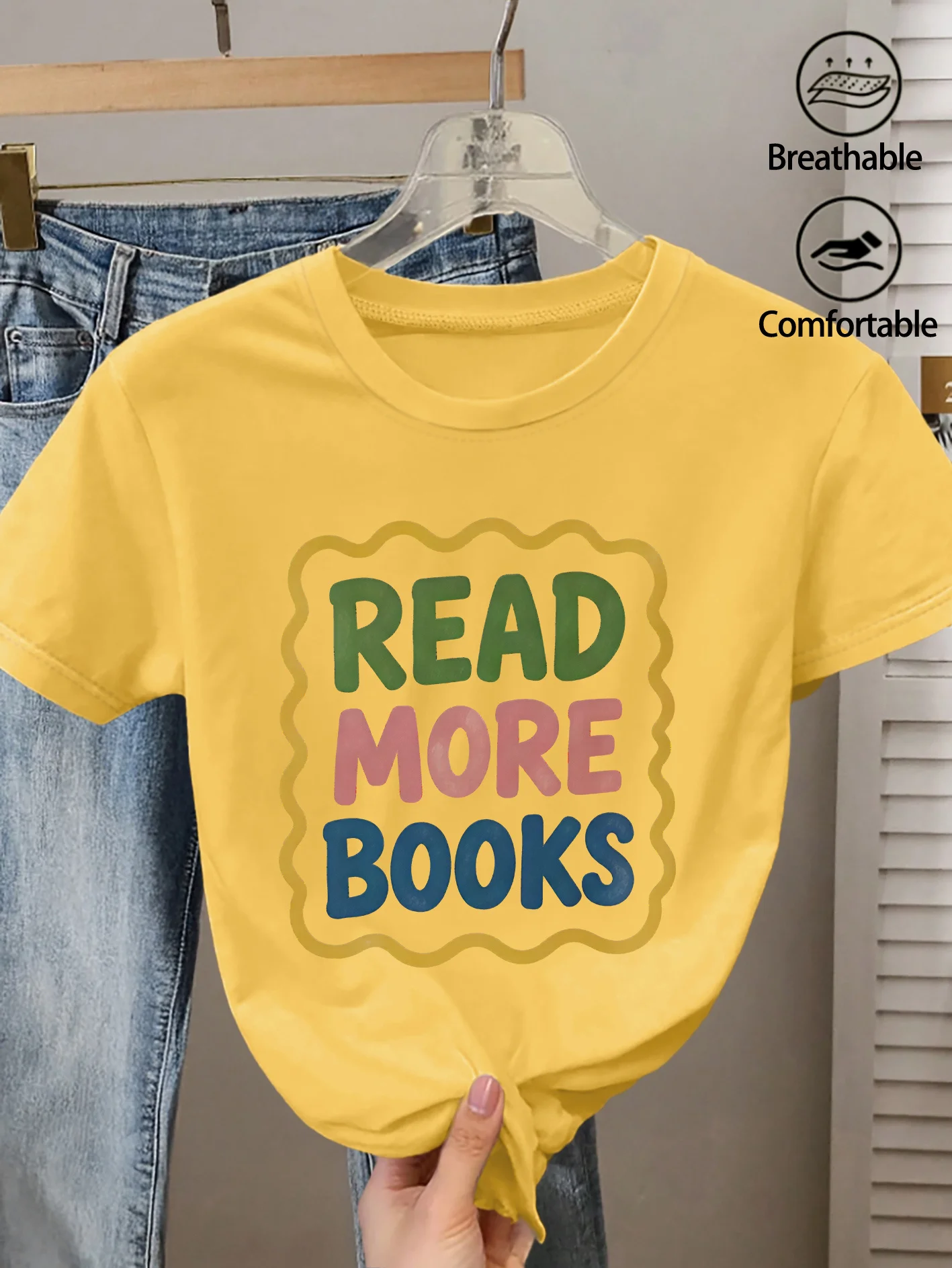 Ladies' Round Neck Read More Books Colorful Text Printed T-shirt with Fun and Quirky Design Daily Playful and Age Reducing Top