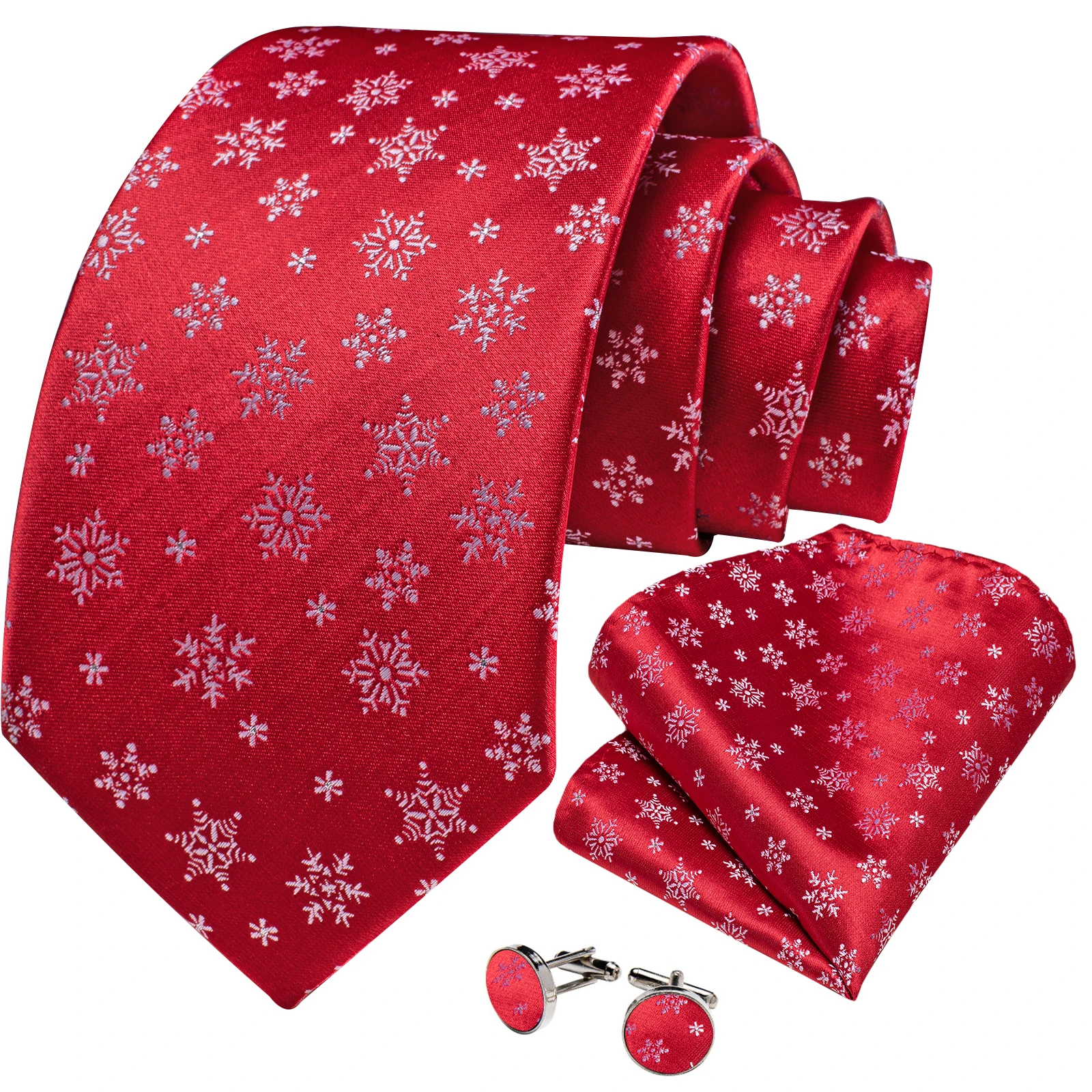 White Snowflake Red Silk Ties for Men Christmas Wedding Party Accessories Pocket Square Cufflinks Gift Wholesale DiBanGu