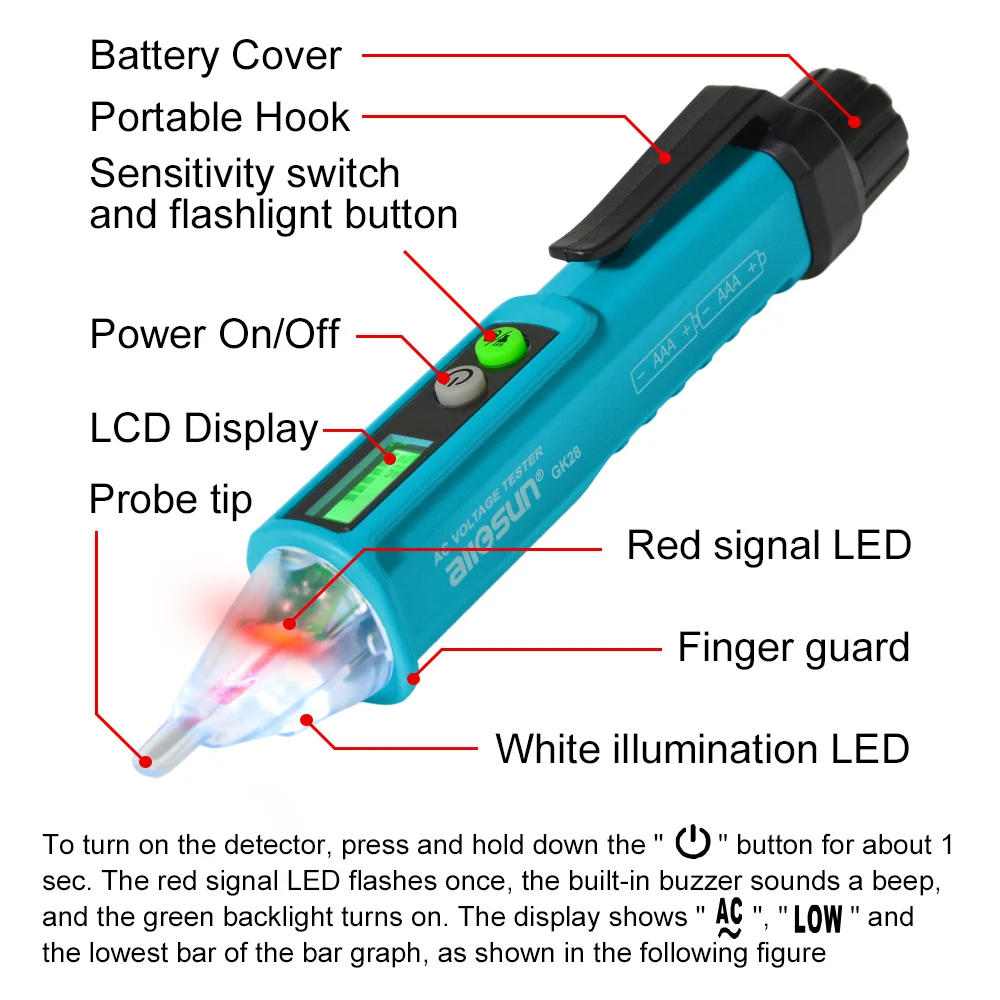 ALL0SUN GK28 Non-Contact Voltage Detector,Dual Range AC 12V/48V-1000V,High/Low Sensitivity,Live/Null Wire Finder,Buzzer Alarm