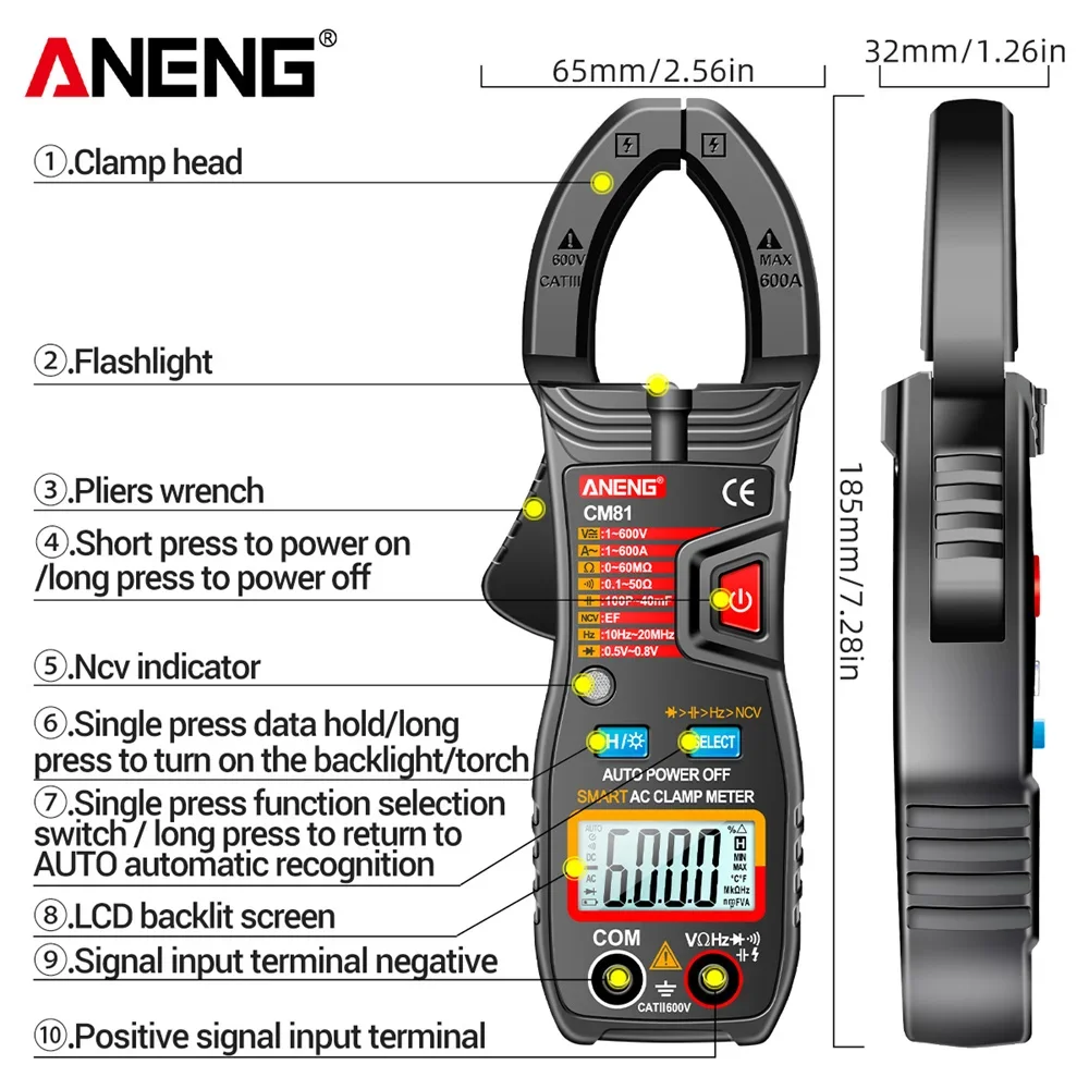 Aneng-電流マルチメーター,デジタルクランプオン電流計,電圧計,車のアンプ,液滴ncvオームテスト,80/81