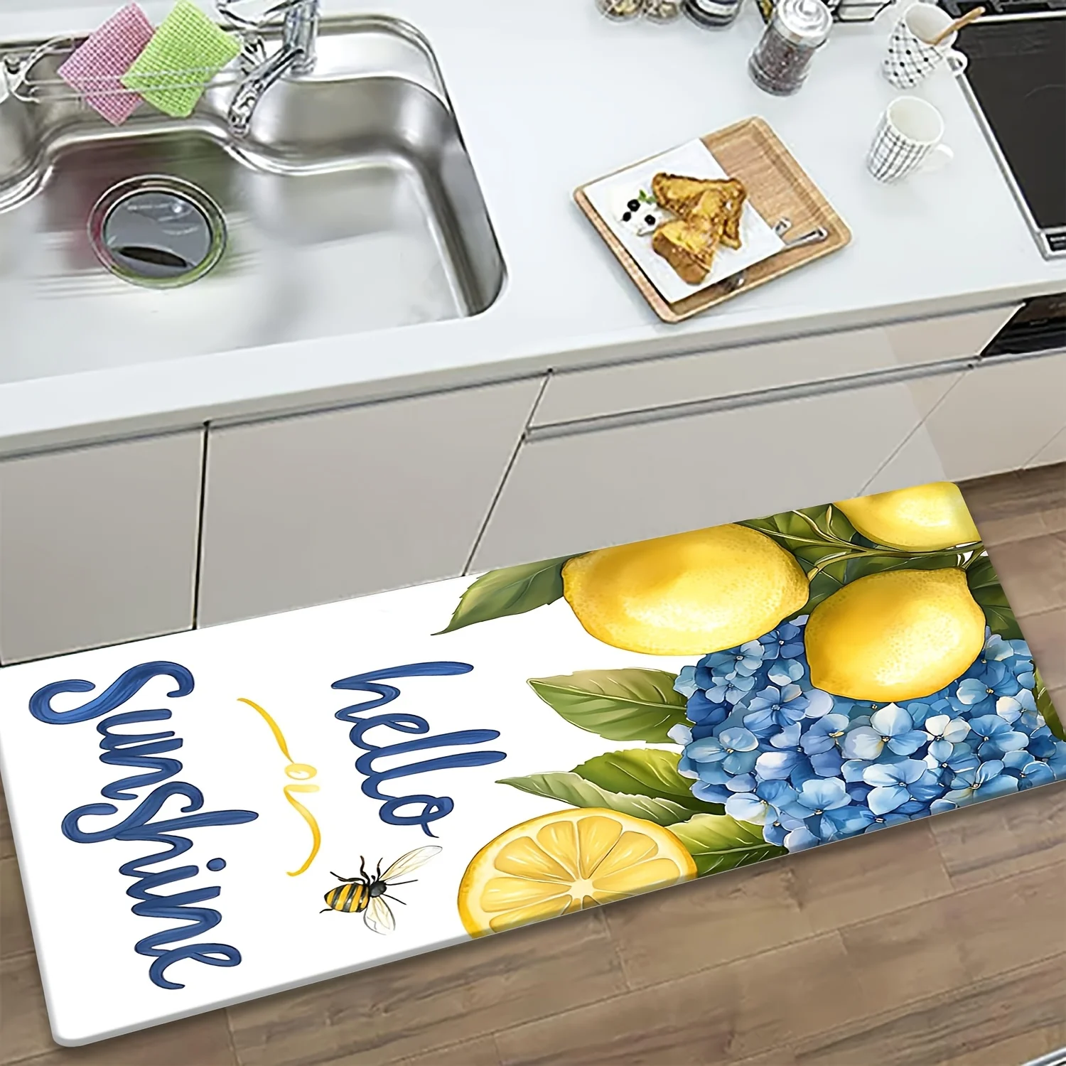 White Base Hydrangea Lemon Bee Hello Sunshine Runner Mat Anti Slip Absorbent Rug Fresh Floral Fruit Print Carpet Laundry Kitchen