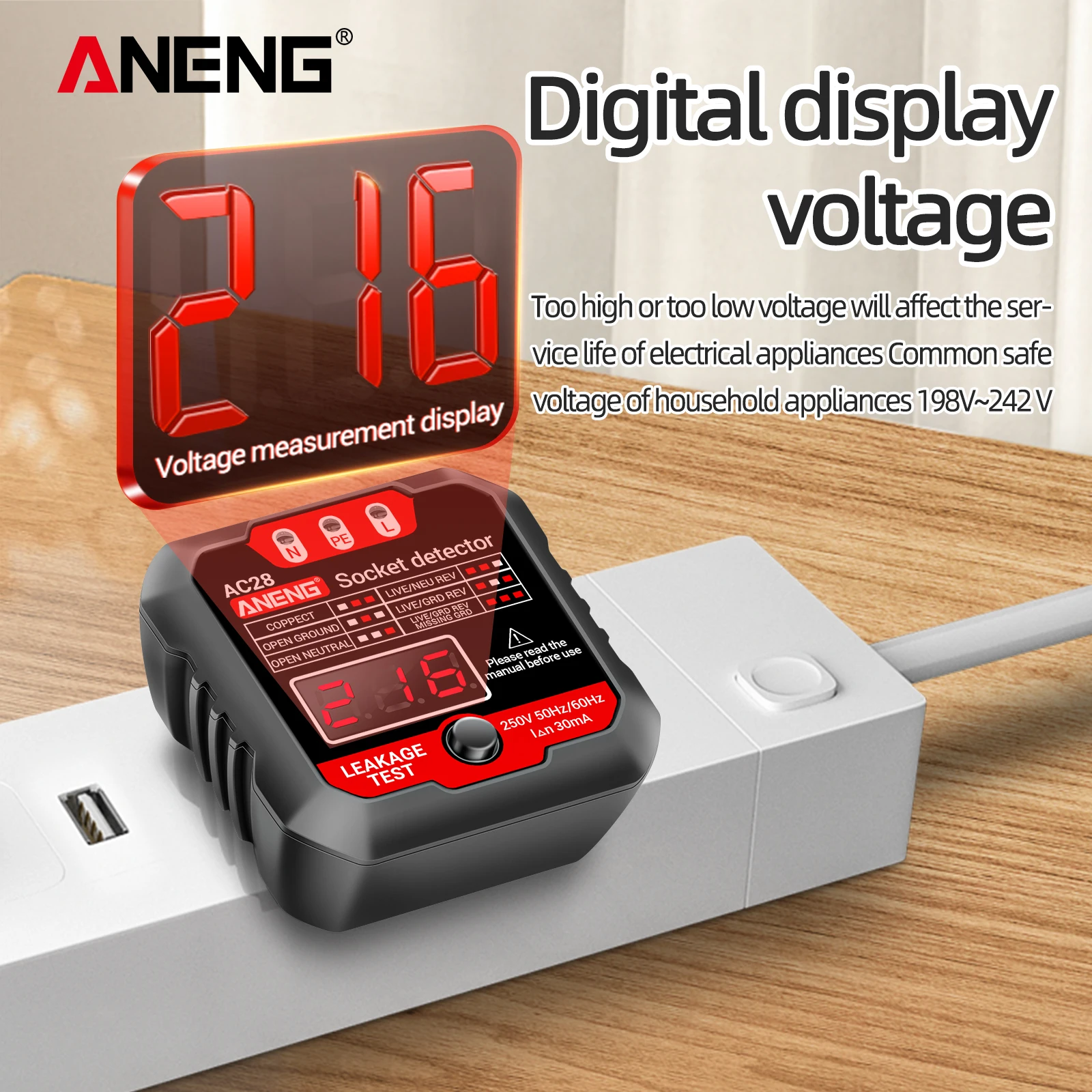 ANENG Outlet Tester Receptacle Detector with Voltage LCD Display 250V Power Socket Checker Automatic Circuit Tester Polarity Vol