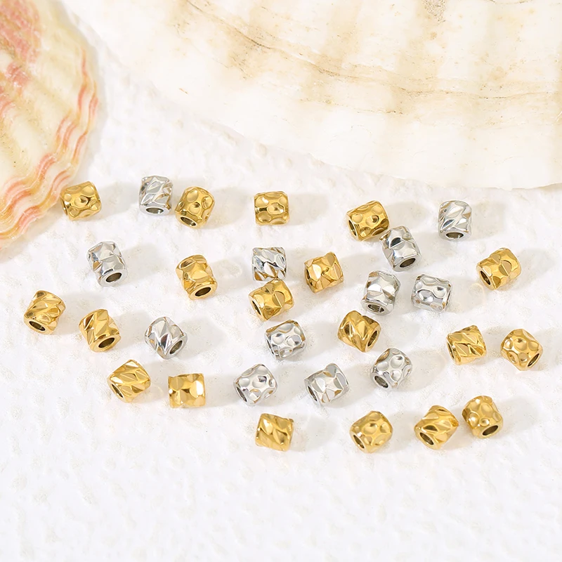 20pcs Stainless Steel PVD 18K Gold Plated 4mm Texture Beads Tuble Spacer Loose Beads for Bracelets Jewelry Making Accessories