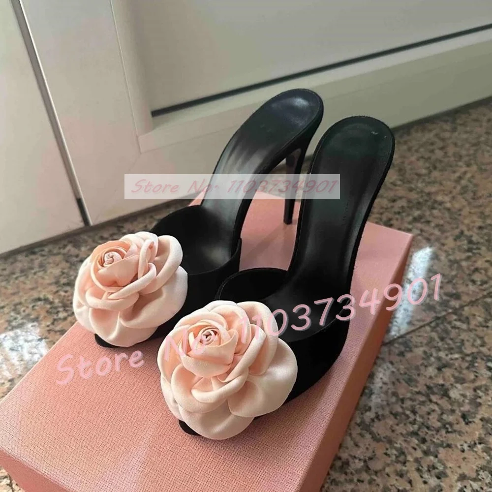 Pink Rose Flower Peep Toe Mules Women Elegant Black Satin Thin High Heels Slippers Female Party Floral-applique Flock Shoes