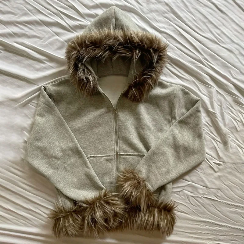 Y2K Zip up hoodie Faux Fur Collar Harajuku Rock Goth Top Retro