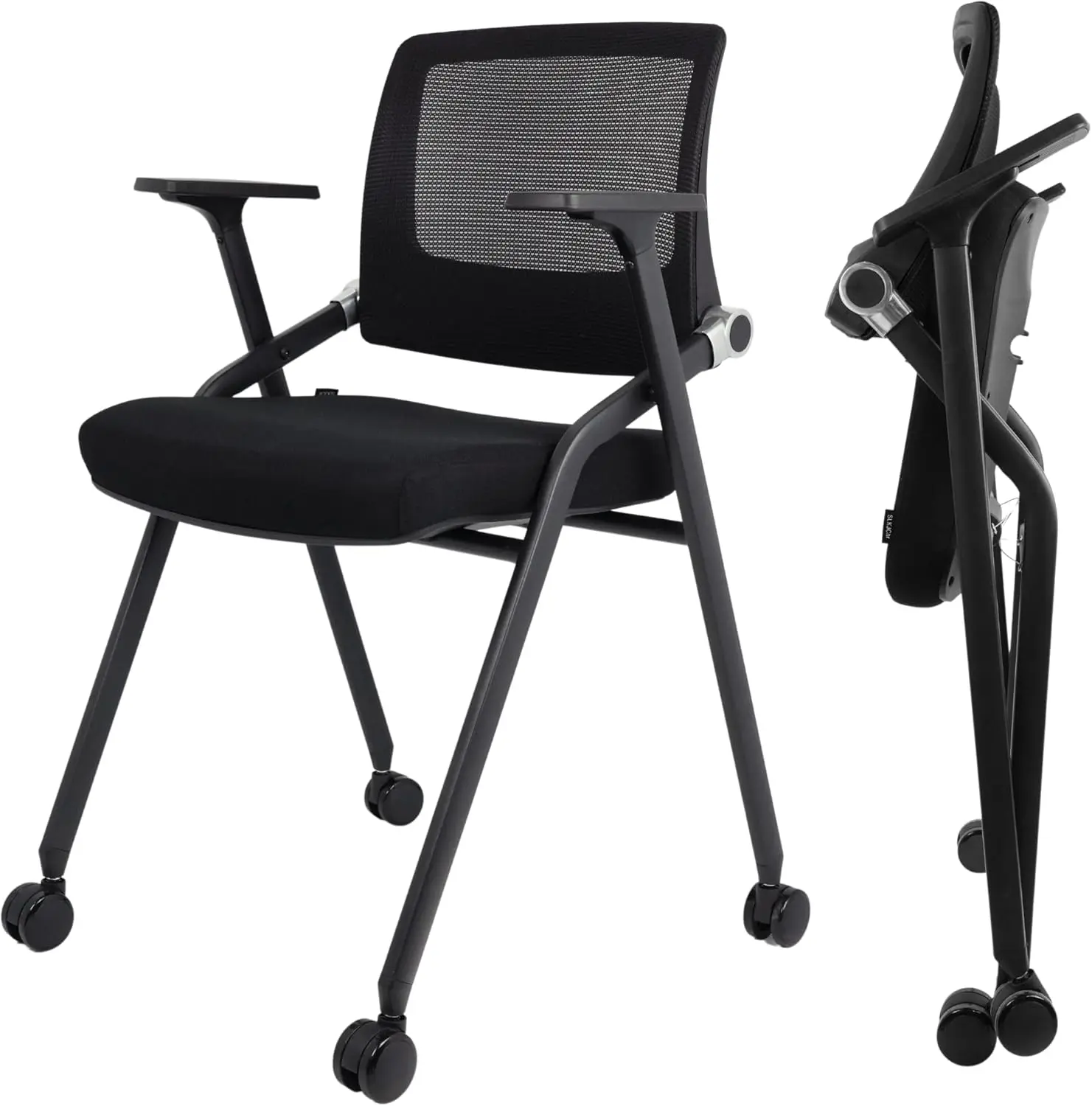 

2 Pack Foldable Office Chairs with Wheels, Mesh Back, Arms - Black, 300 lbs