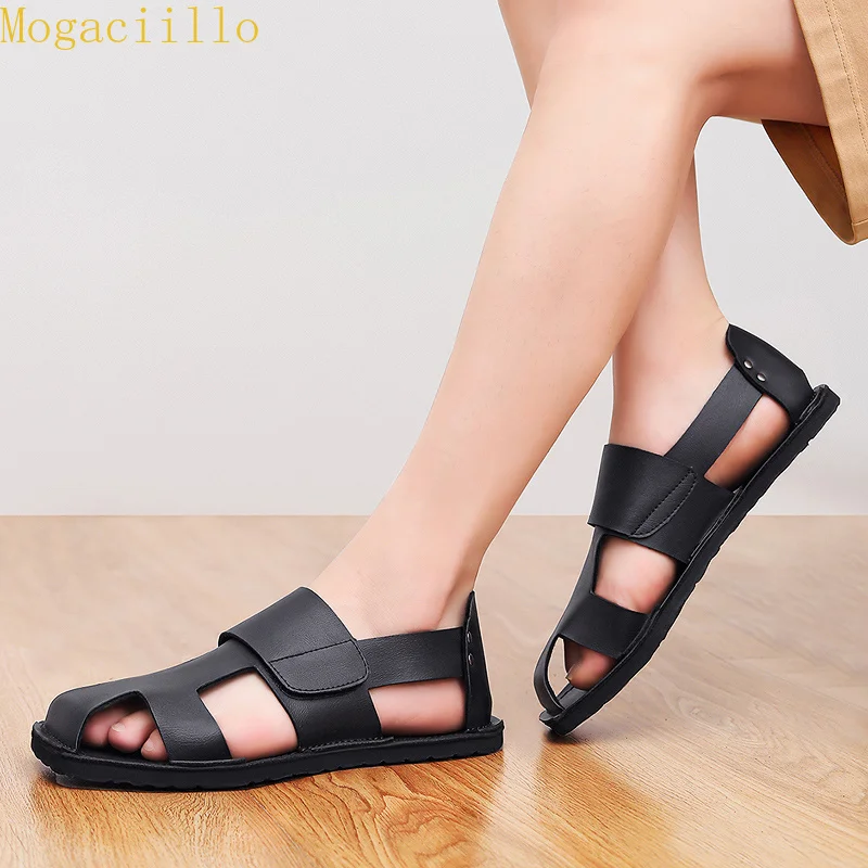 Handmade Men's Closed Toe Woven Leather Sandals Breathable Outdoor Shoes Buckle Strap Flat Summer Footwear Large Size 39‑48