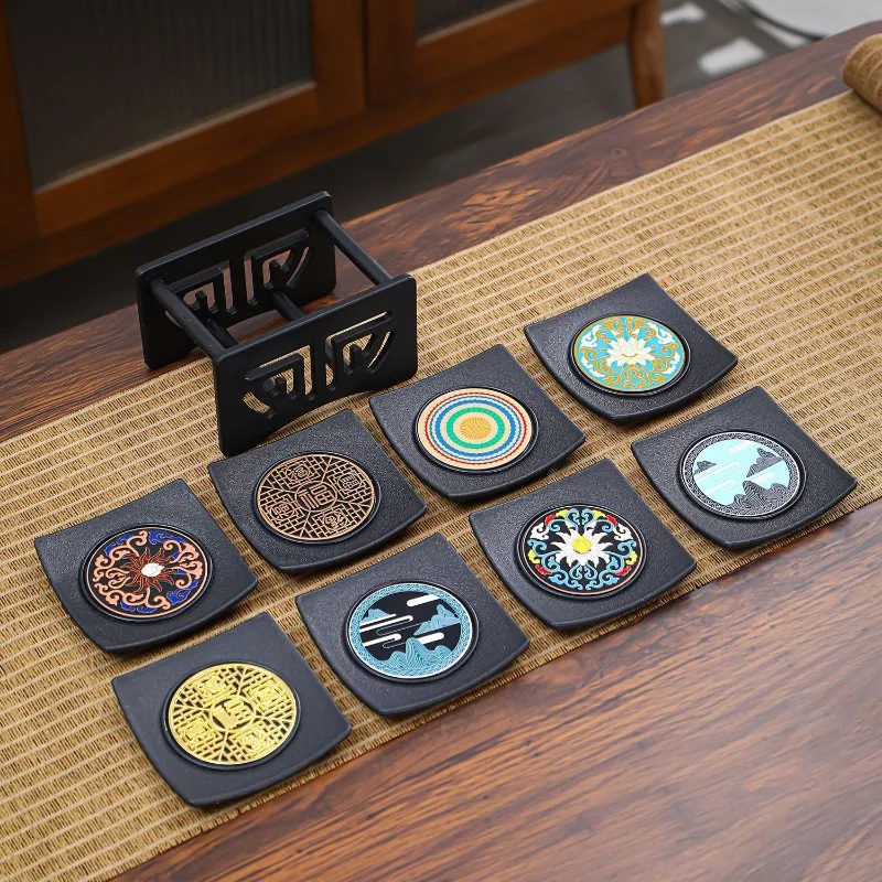 

Подставки в китайском стиле, цветные эмалированные подставки для чайных чашек, противоскользящие и теплоизоляционные подкладки, набор из восьми предметов для чайной церемонии.