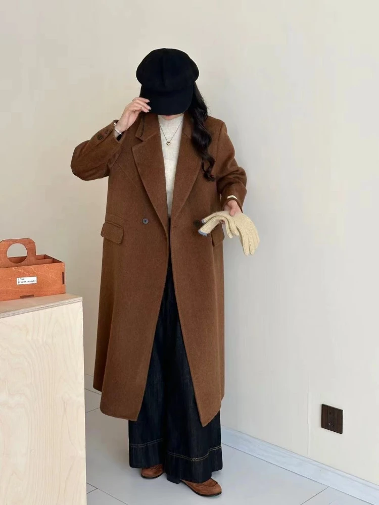 Women Double-Sided Wool Coat Winter Elegant Office Suit Collar Mid-Length Parkas 2025 New Simple OL Thicken Warm Woolen Overcoat