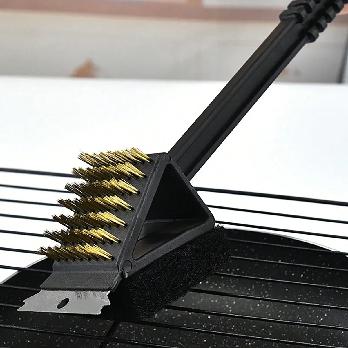 1pc-Long Handle BBQ Tool Barbecue Grill Oven Cleaning 3 in 1 CornerCopper Wire Brush for Outdoor PicnicCopper Wire Sponge Shovel