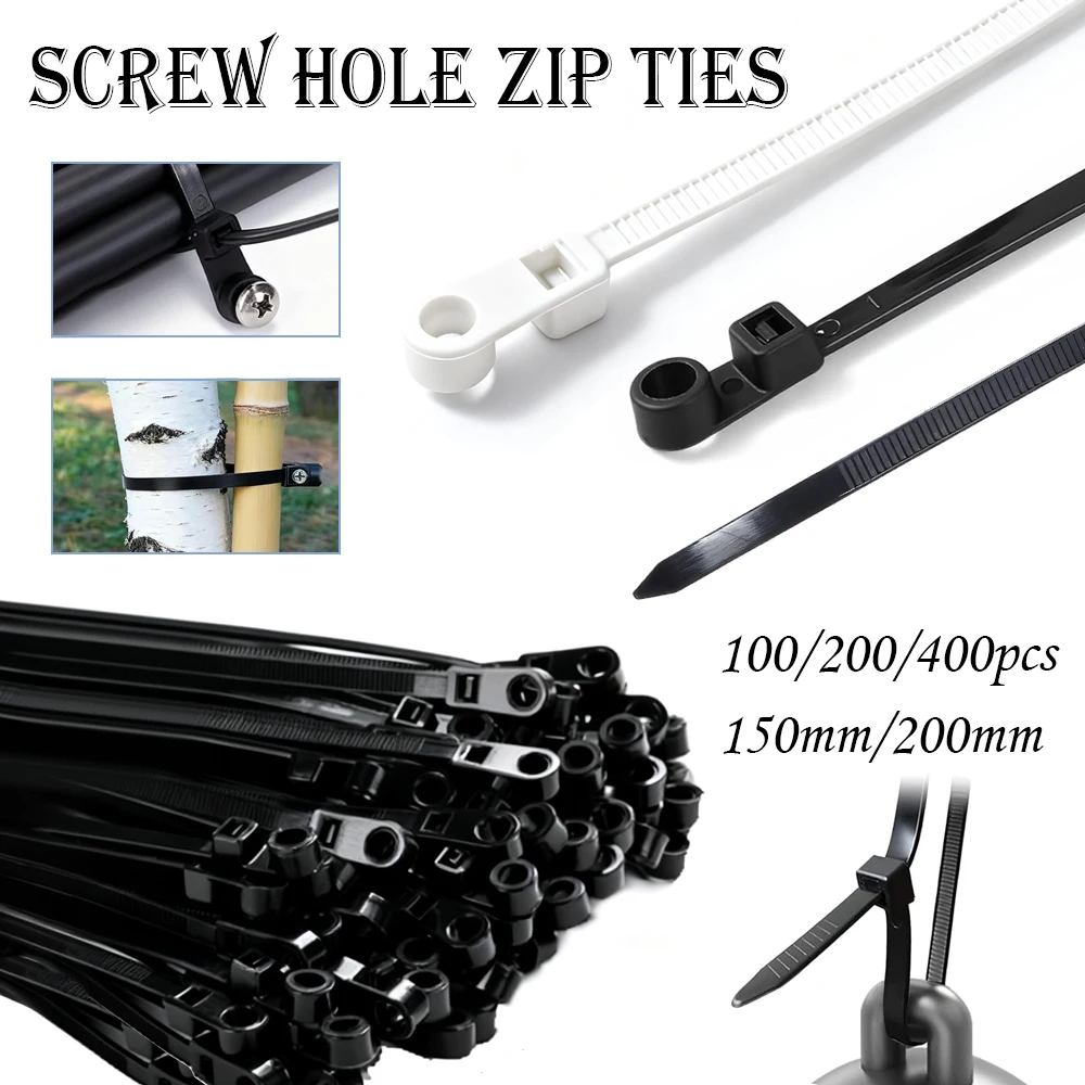 100-400PCS Nylon Cable Ties with Screw Mounting Hole Self Locking Loop Wraps Bundle Fixed Cables Zip Tie Wire Fastening Straps