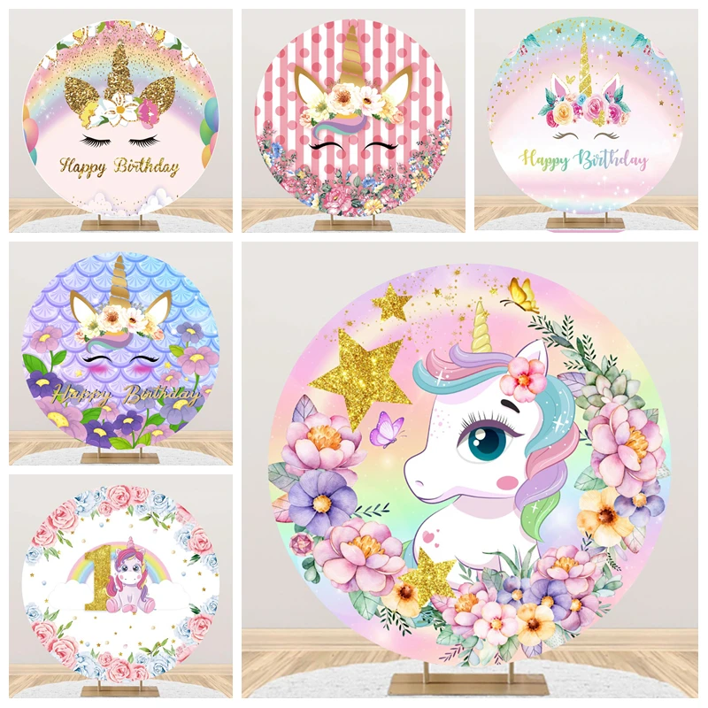 

Baby Shower Rainbow Unicorn Party Round Backdrops for Photography Girls Birthday Circle Backgrounds Photo Studio Cylinder Covers
