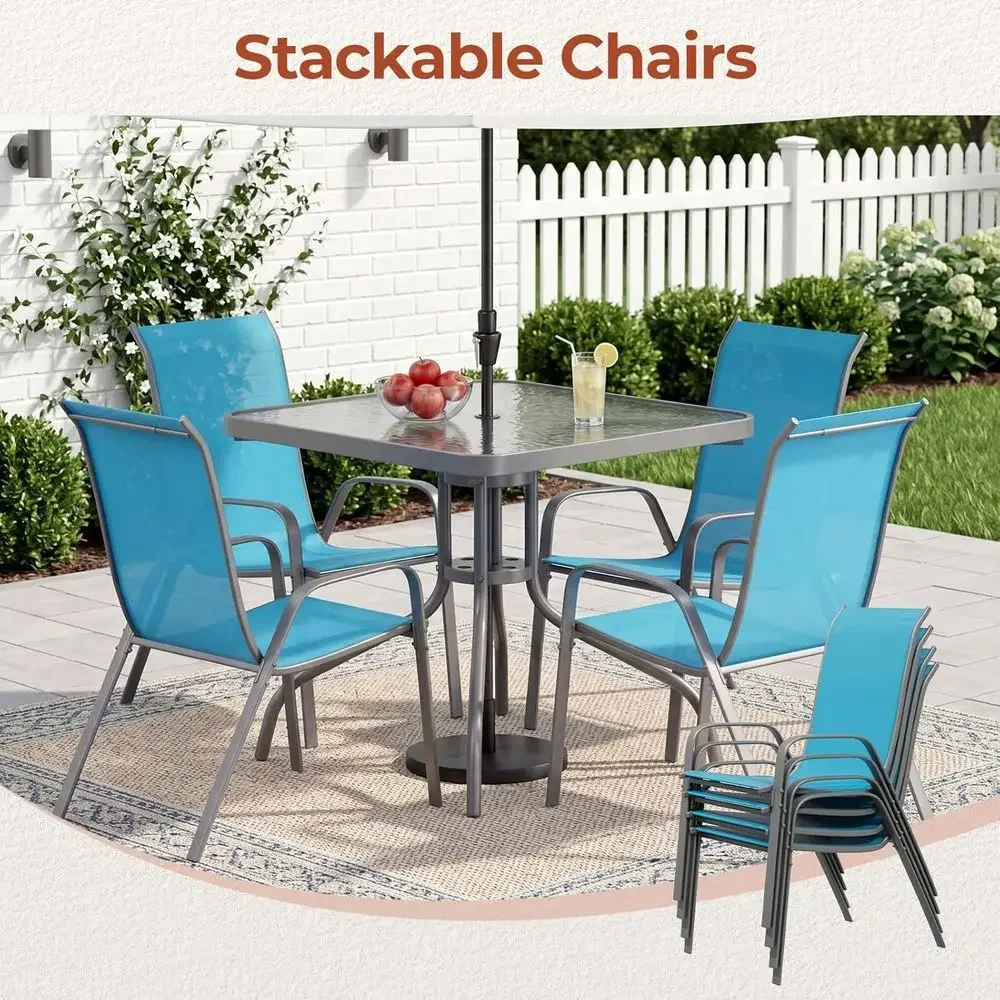 Stackable Outdoor Dining Chairs with Wide Seats, Metal Legs, Turquoise Blue, for Garden, Deck, Restaurant, Poolside