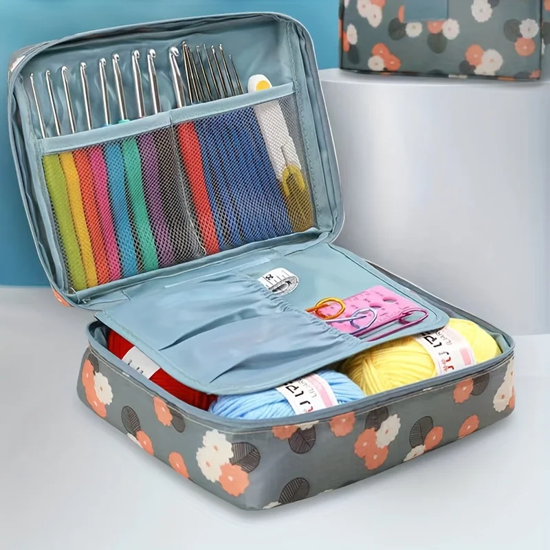 Only bag 1pc Flowers Printing Storage Bag Crochet Full Set Of Weaving Tools Accessories Storage Bag Cosmetic Bag Blue