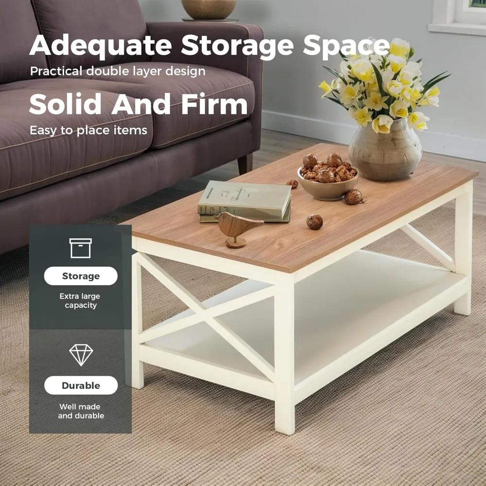 Farmhouse Coffee Table 39'', 2-Tier Coffee Table Set with Storage for Living Room, X-Frame Design Rustic Center Tabl
