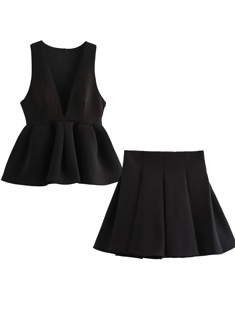 Women Wide Pleated Mini Skirt Sets Fashion V-neck Ruffles Vest Top Women's Two Piece Set Women Outfit