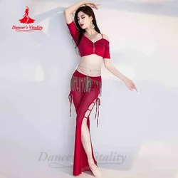 BellyDance Practice Clothes V-neck Short Sleeved Top+Tassel Split Pants 2pcs Adult Oriental Dance Professional Training Clothing