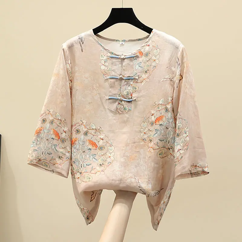 Chinese Style Three Quarter Sleeve O-Neck Hydrangea Pattern Printing Vintage Disc Buckle Design Thin Women Shirt Cotton Linen