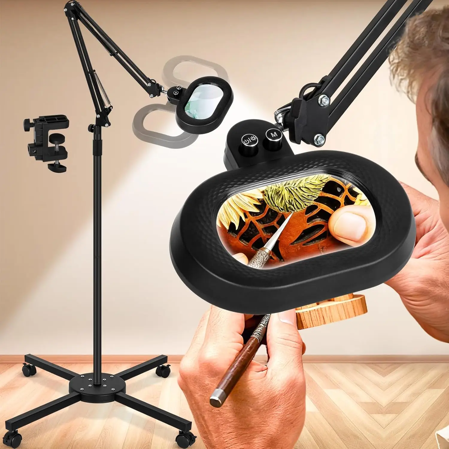 

12X большой увеличительный торшер с подсветкой, регулируемой высотой, подвижным основанием для чтения поделок