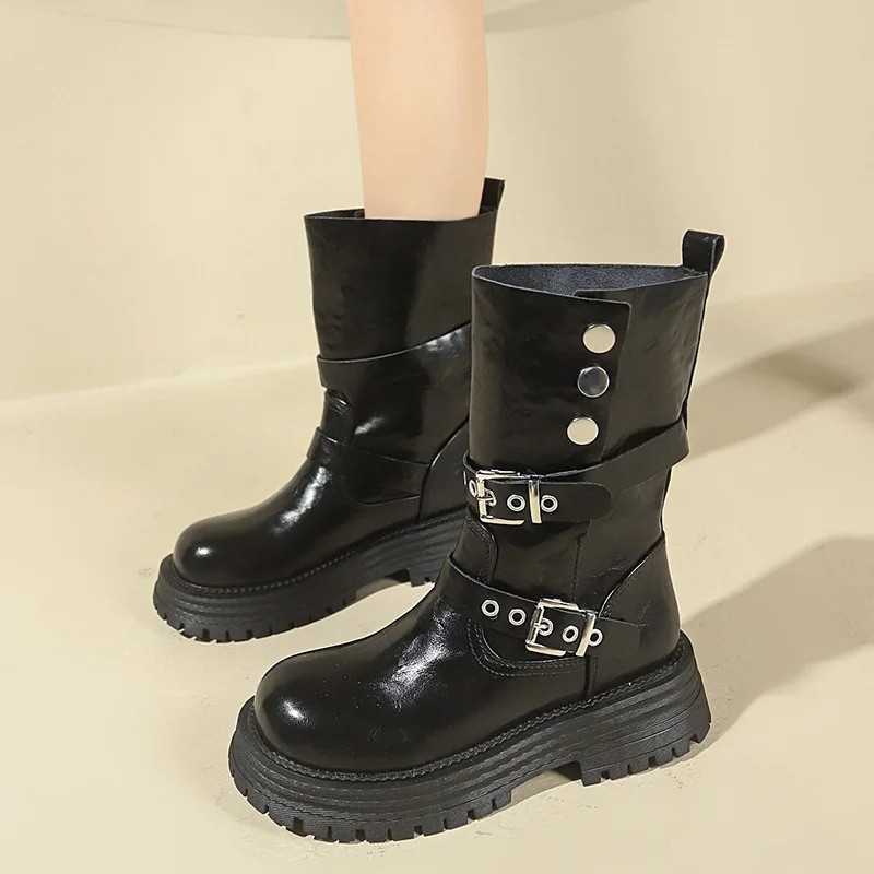 

New Winter Platform Women Thigh High Boots Fashion Belt Buckle Long Booties Vintage Square Low Heels Platform Ladies Shoes