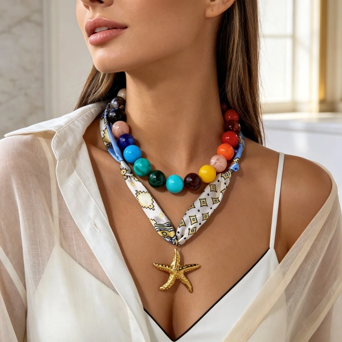 Bunter Acryl-Rundperlen-Schal mit Aufdruck, Seestern-Halskette für Frauen, Doppelschichtiger Edelstahl-Stern-Choker-Schmuck – Detail 9
