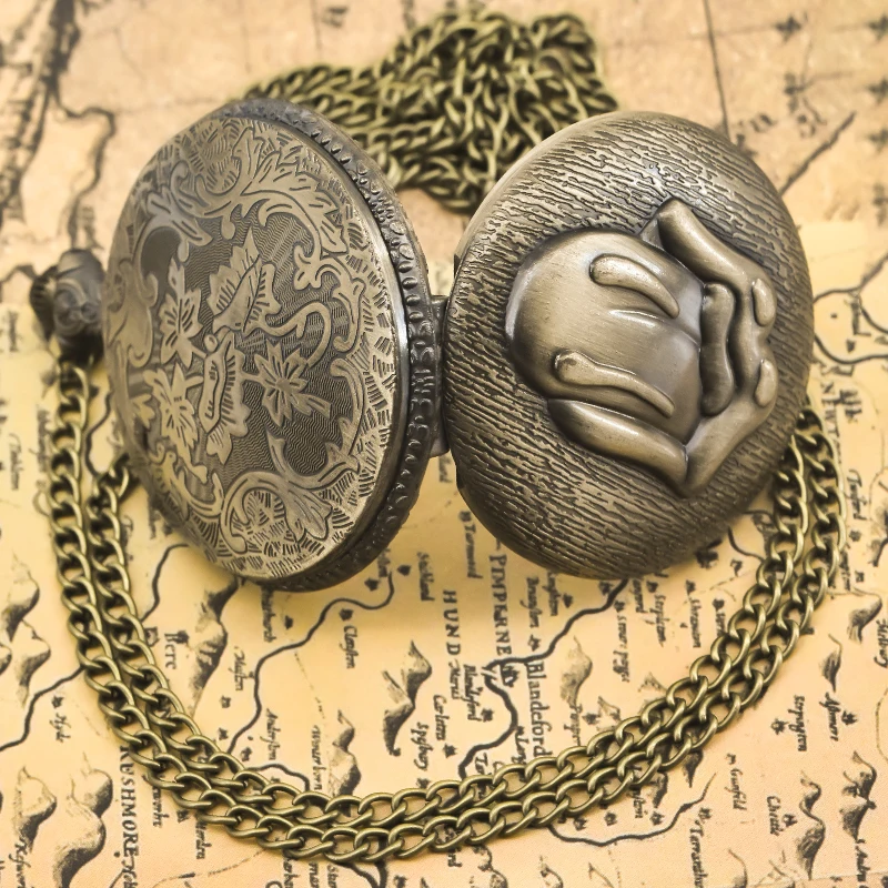 Vintage perunggu Steampunk besar lidah shell Diukir kuarsa jam saku kalung Liontin jam rantai Pria wanita rantai hadiah