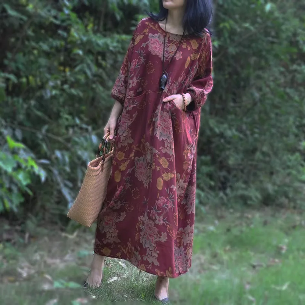 

Ethnic Wind Cotton Printing Seven-Quarter Sleeve Dress Womens Retro Loose Version Of Casual Long Knee-Length Robe With Pockets