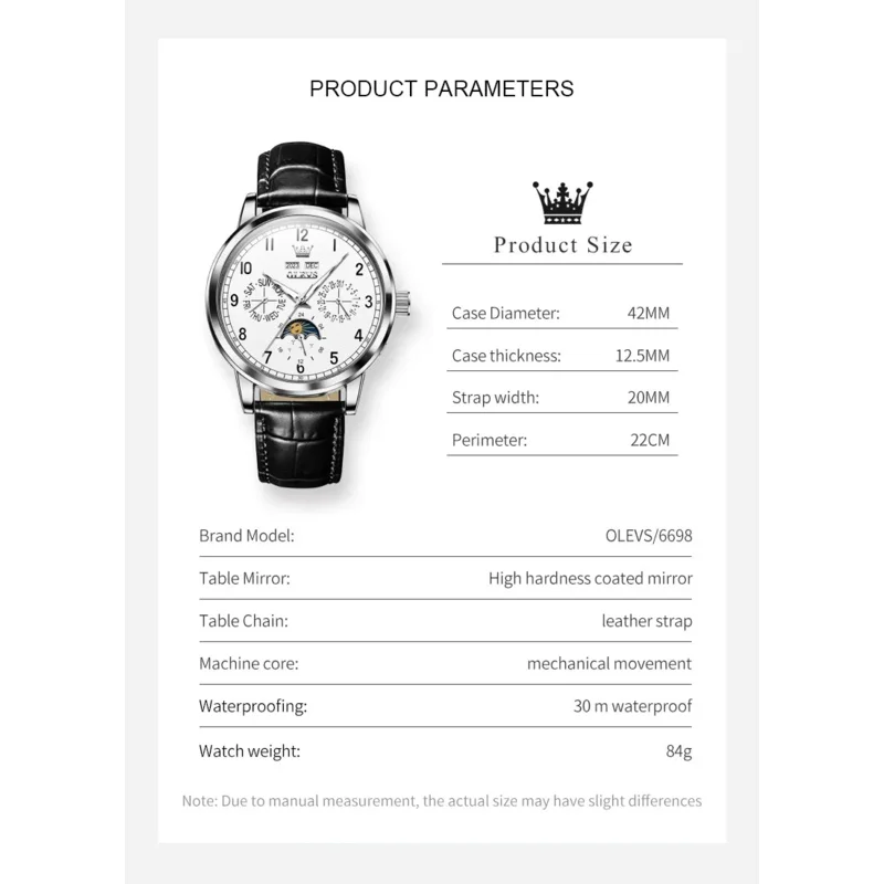 OLEVS 6698 Mechanical Automatic Watch Men Multifunctional Luminous Wristwatch Waterproof Leather Strap Mens Watches Gifts