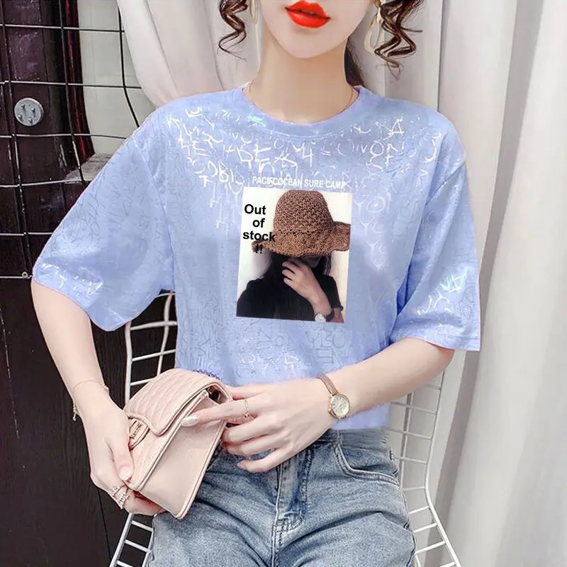 

Women's Summer New Style Fashion Simplicity Printing O-neck Short Sleeve T-Shirt Women Clothes Temperament All-match Casual Tops