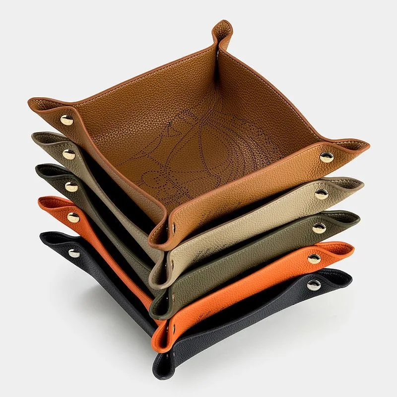Two Layer Cowhide Storage Tray Desktop Organizer For Key Jewelry Cosmetic Storage Box Folding Organizer Home Decoration